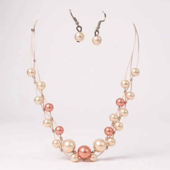 Multi Pink Glass Pearl Braided look Necklace earring set - Picture 1 of 2